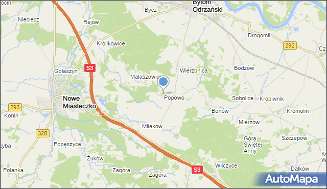 mapa Popowo, Popowo gmina Bytom Odrzański na mapie Targeo